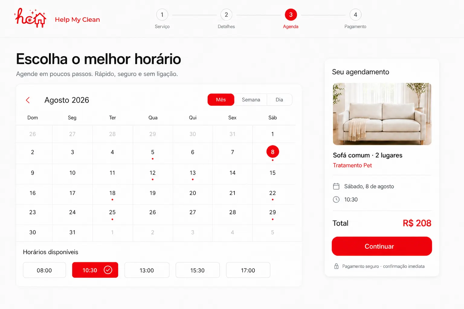 Agenda online da Help My Clean com horários disponíveis
