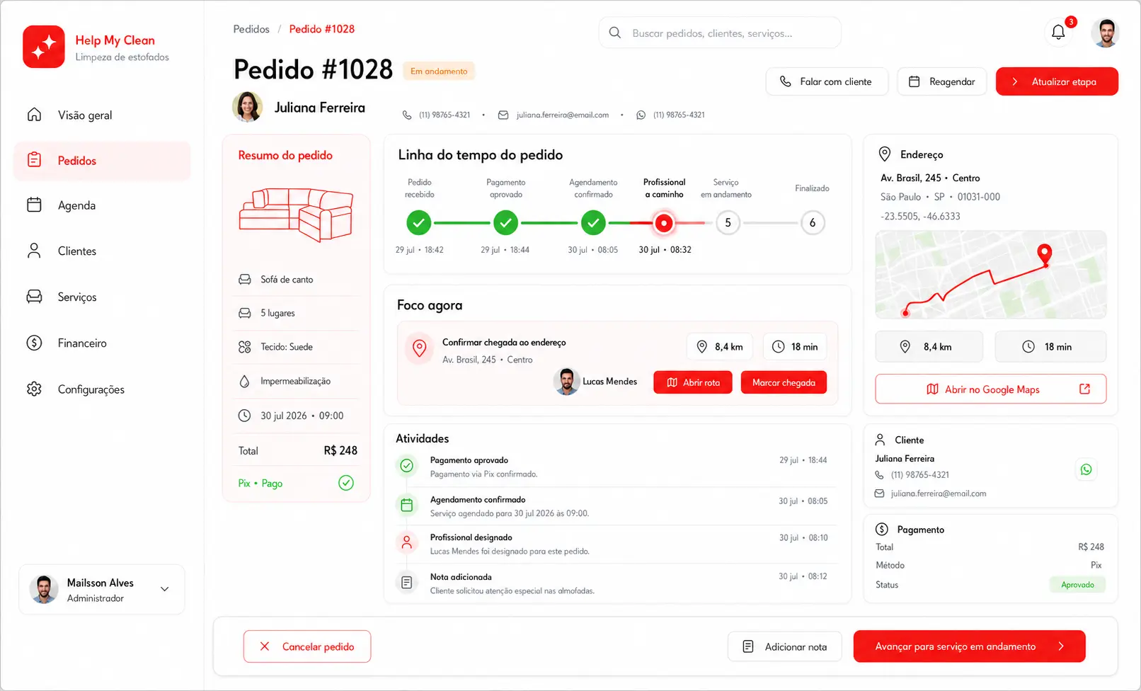 Pedido com linha do tempo e rota do profissional